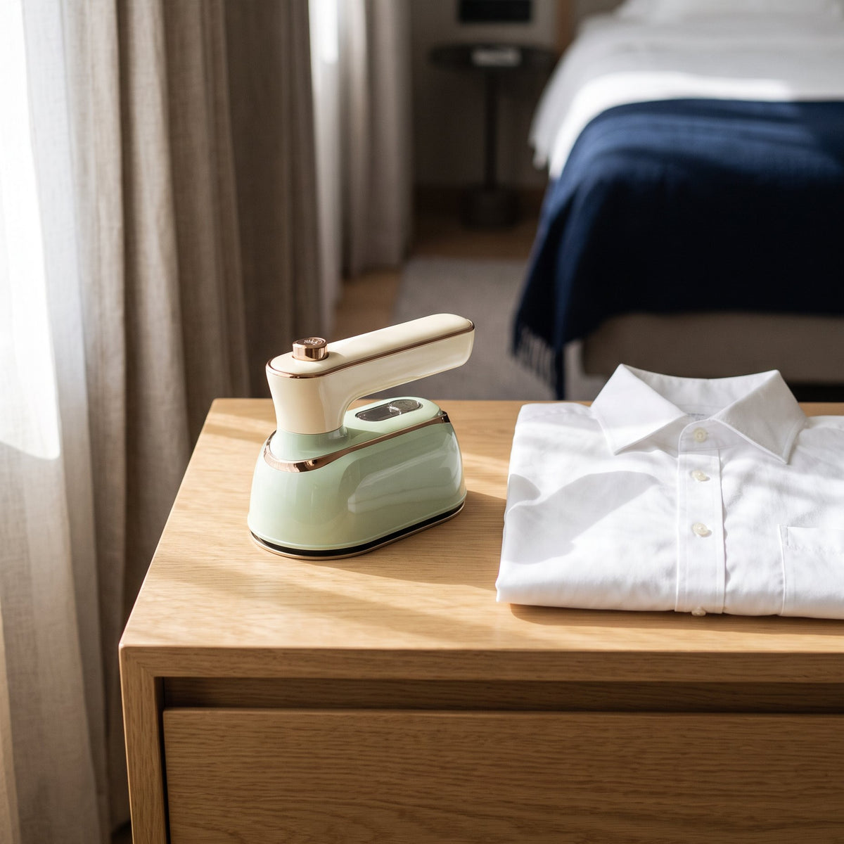 The Sage mini steam iron on a hotel dresser next to a folded white shirt
