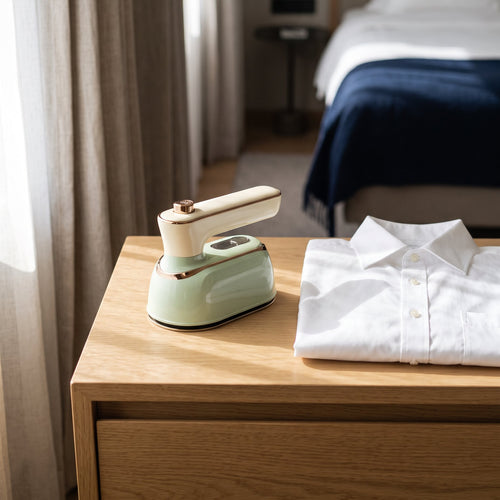 The Sage mini steam iron on a hotel dresser next to a folded white shirt