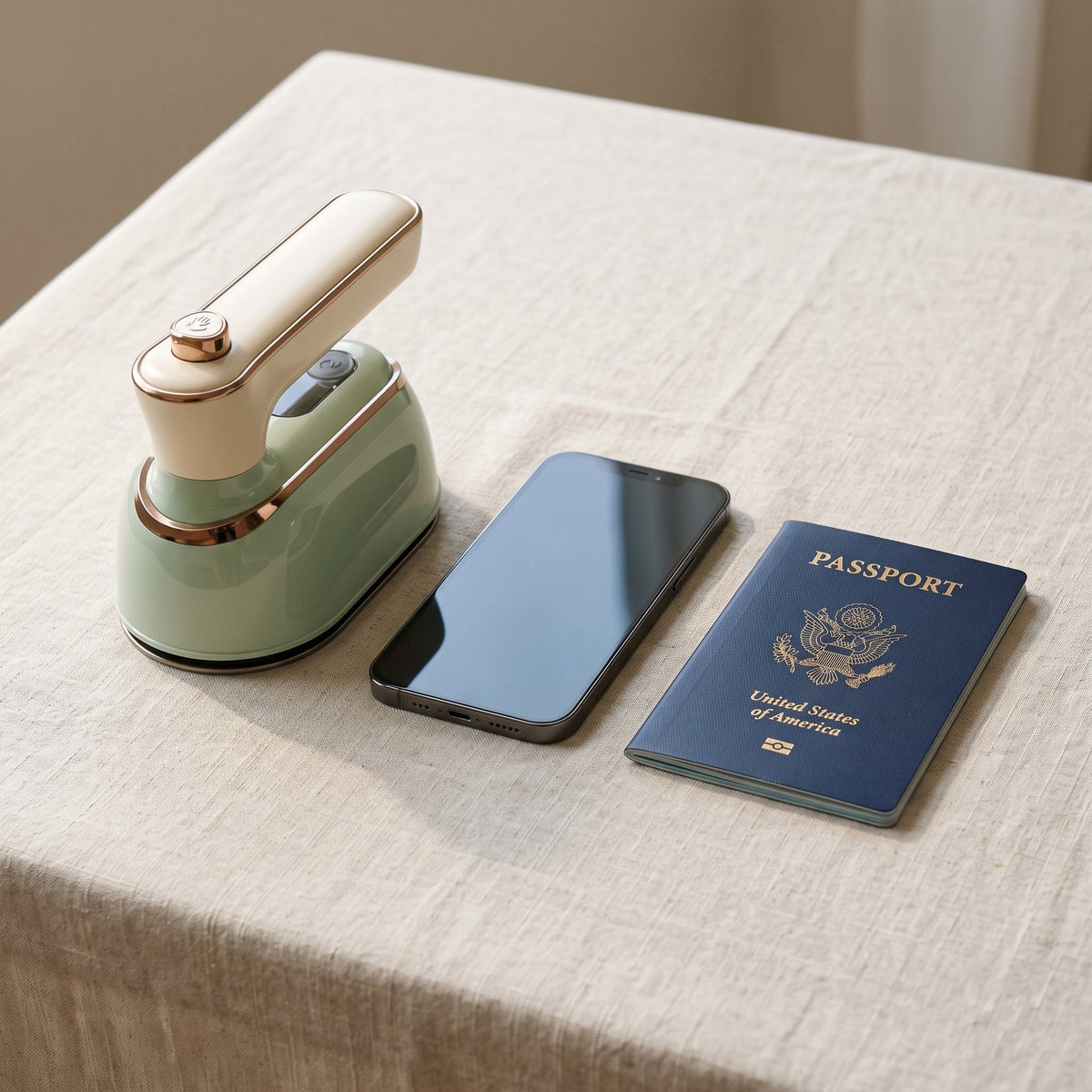 The Sage mini steam iron next to a smartphone and a passport for size