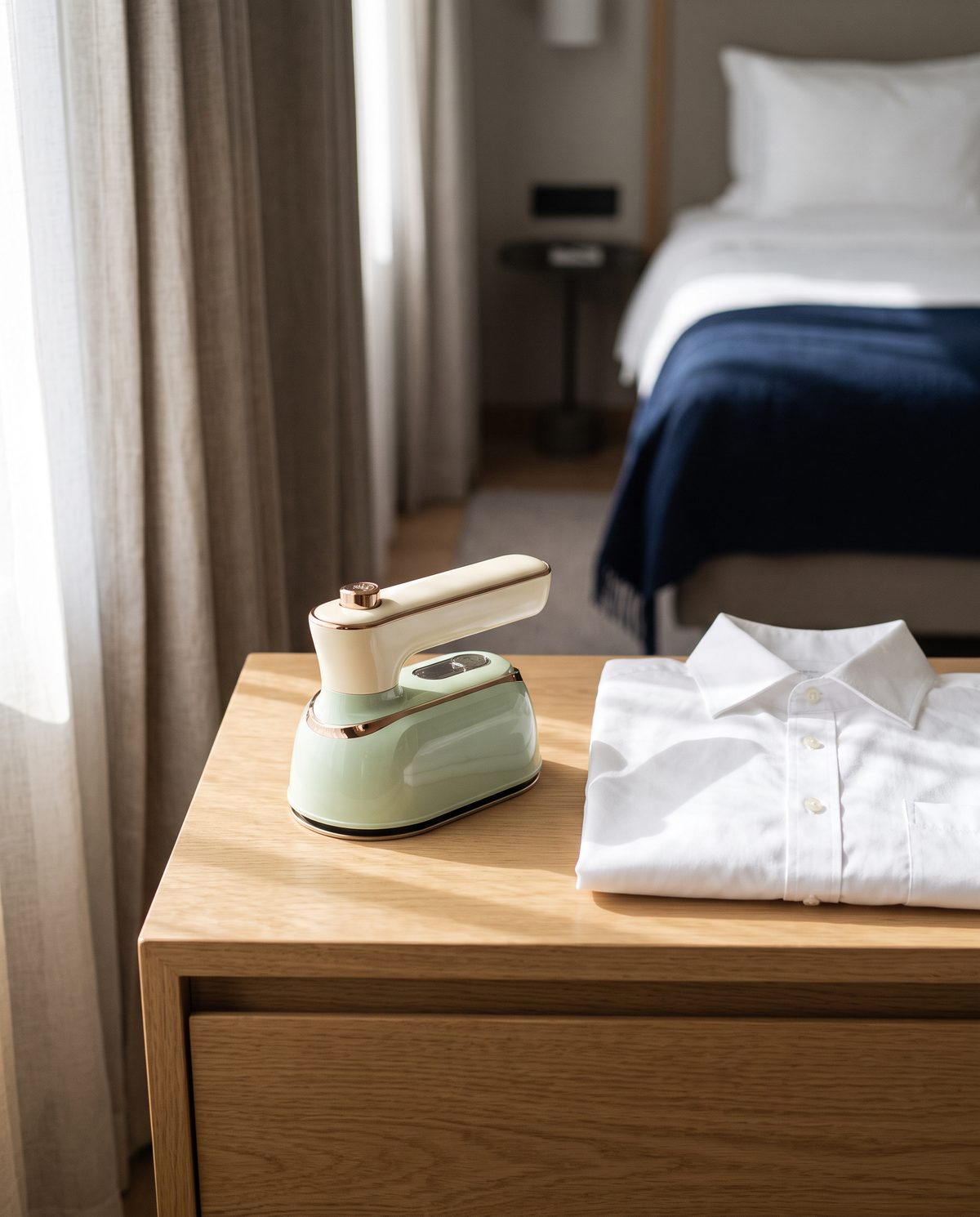 The Sage mini steam iron on a hotel dresser beside a folded white shirt