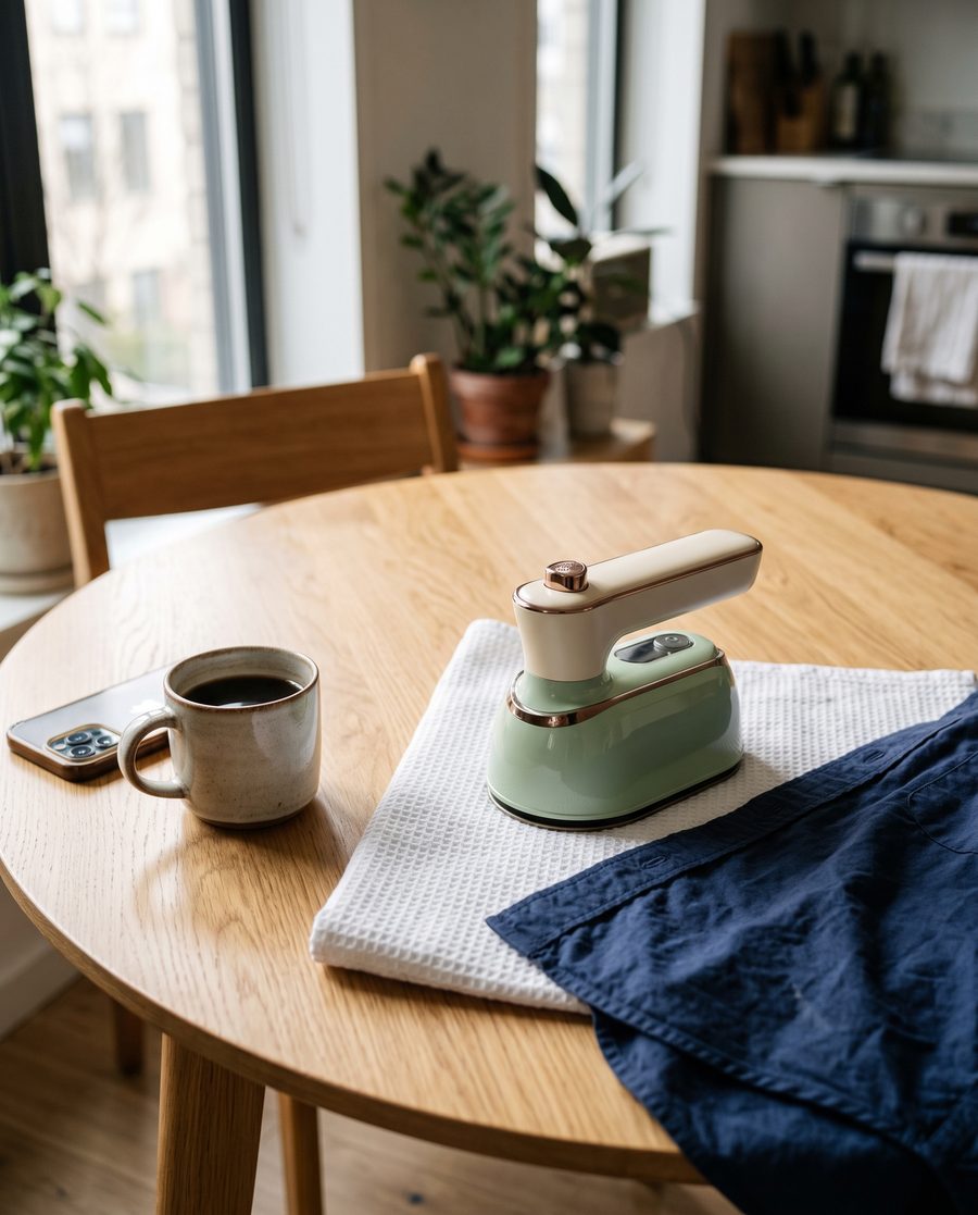 The Sage mini steam iron on a folded towel on a kitchen table with a navy shirt and a coffee
