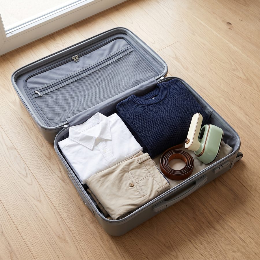 The Sage mini steam iron packed in a carry-on suitcase with folded clothes